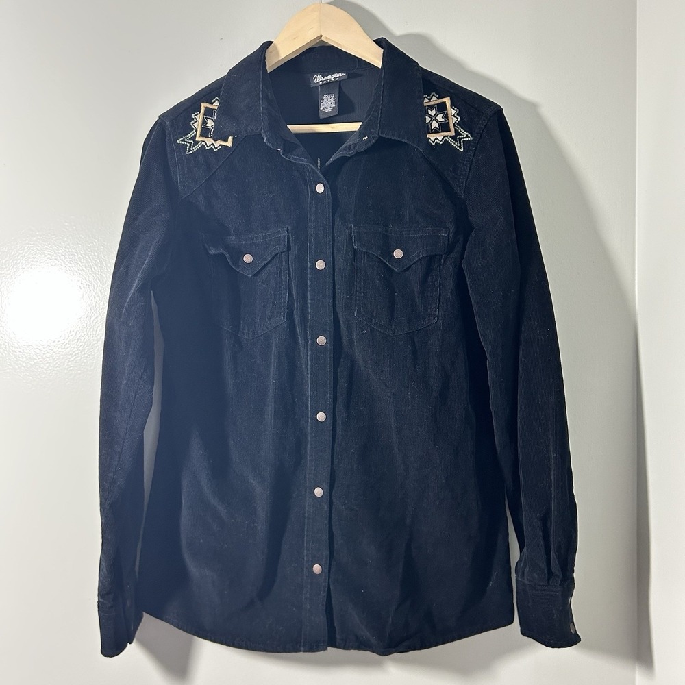Wrangler Retro Shirt Women's Medium Corduroy Embroidered Aztec Pearl Snap Black